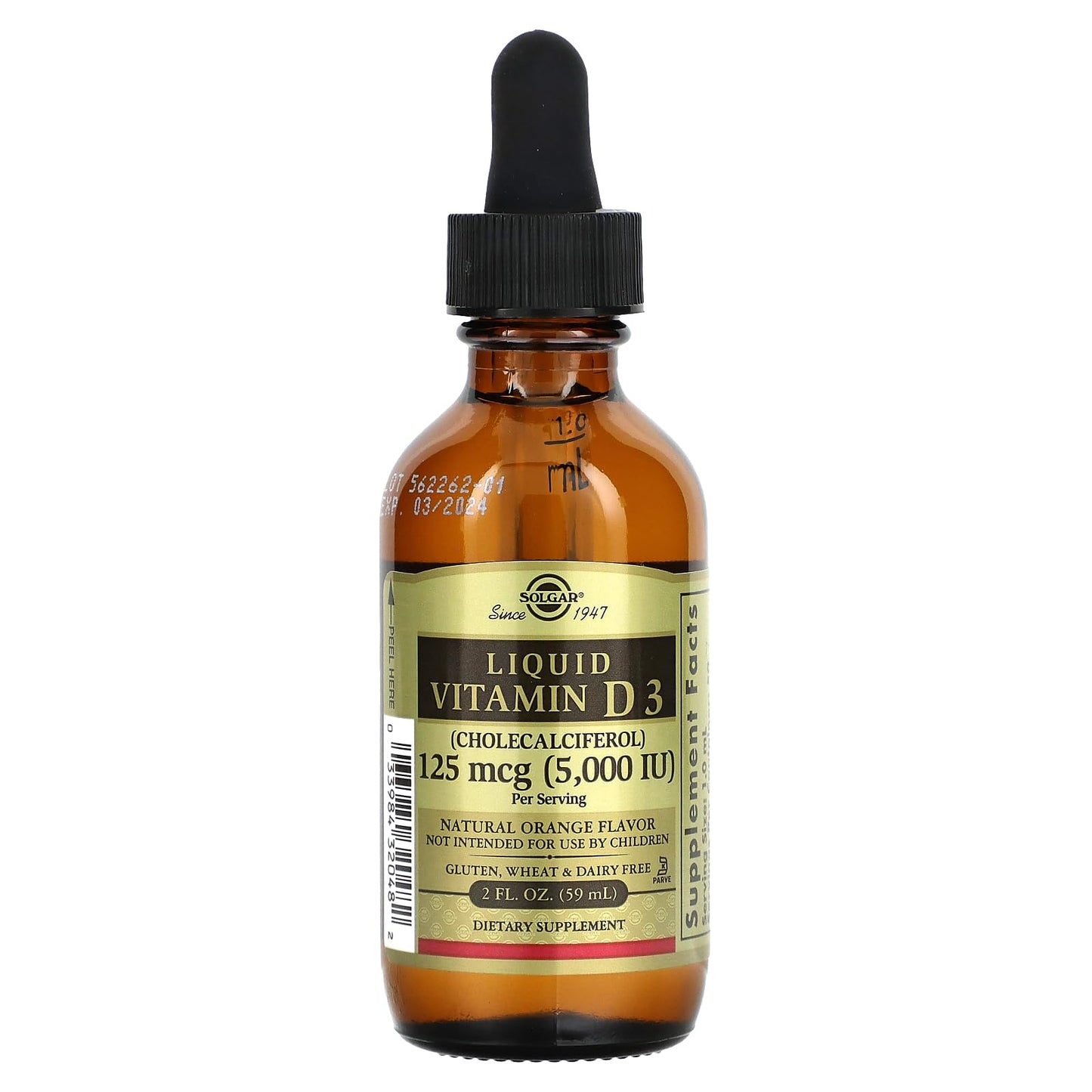 Solgar Liquid Vitamin D3 125 mcg (5,000 IU) – Orange Flavor, 59 Servings | Gluten Free, Dairy Free, Kosher