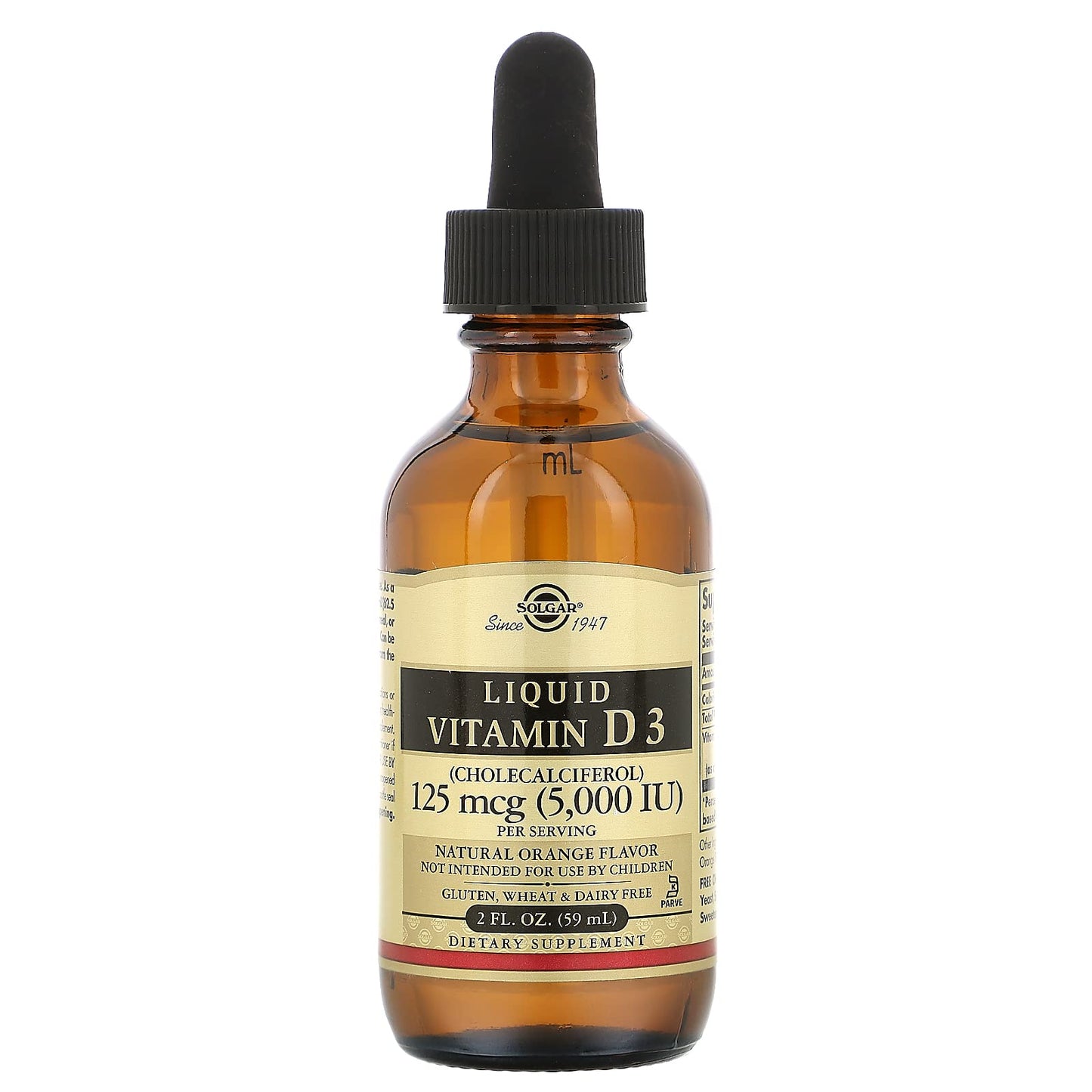 Solgar Liquid Vitamin D3 125 mcg (5,000 IU) – Orange Flavor, 59 Servings | Gluten Free, Dairy Free, Kosher