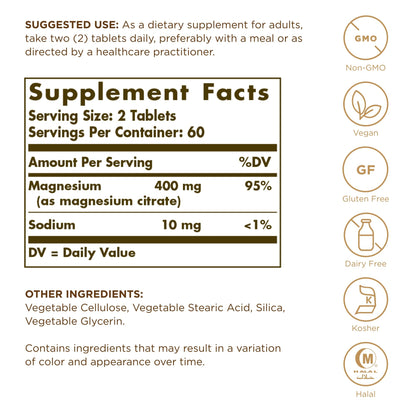 Solgar Magnesium Citrate - 120 Tablets, Pack of 2 - Supports Nerve & Muscle Function - Highly Absorbable - Non-GMO, Vegan, Gluten Free, Kosher - 120 Total Servings