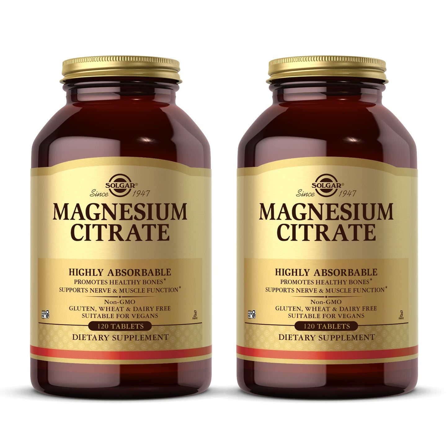 Solgar Magnesium Citrate - 120 Tablets, Pack of 2 - Supports Nerve & Muscle Function - Highly Absorbable - Non-GMO, Vegan, Gluten Free, Kosher - 120 Total Servings