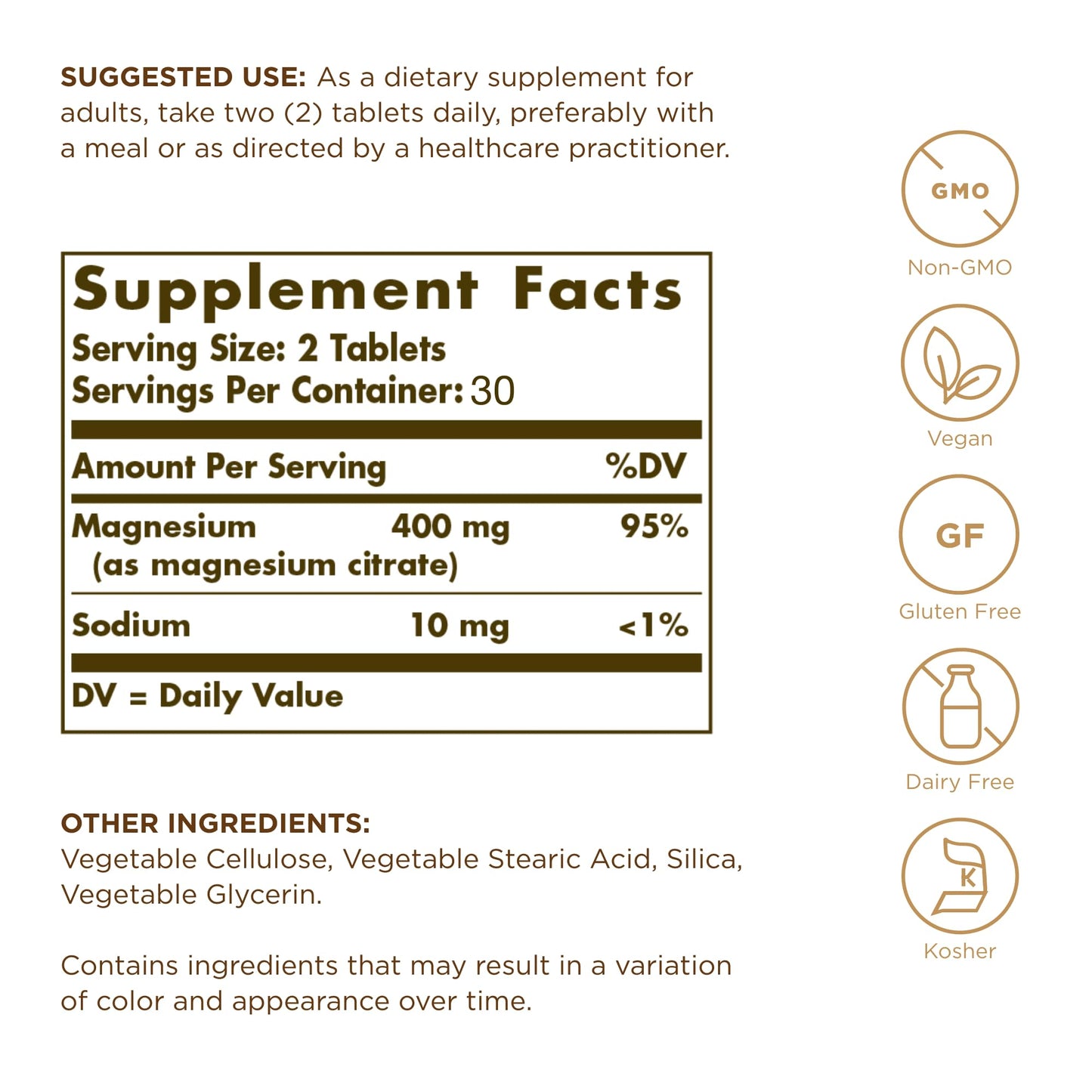 Solgar Magnesium Citrate 60 Tablets – Highly Absorbable, Supports Nerve, Muscle & Bone Health | Non-GMO, Vegan, Gluten Free, Kosher