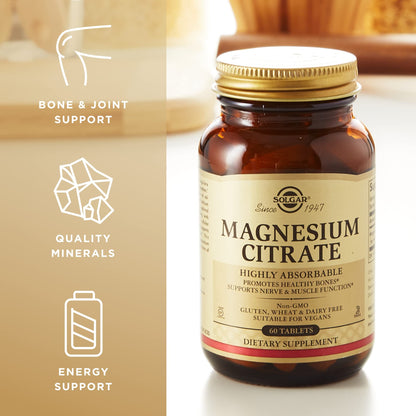 Solgar Magnesium Citrate 60 Tablets – Bone, Nerve & Muscle Support | Non-GMO, Vegan, Gluten Free (Pack of 2)