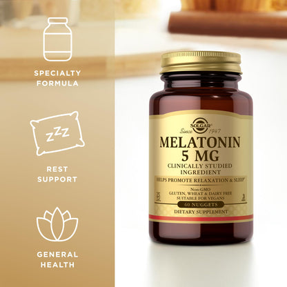 Solgar Melatonin 5 mg - 60 Nuggets | Relaxation & Rest | Vegan, Gluten Free, Kosher