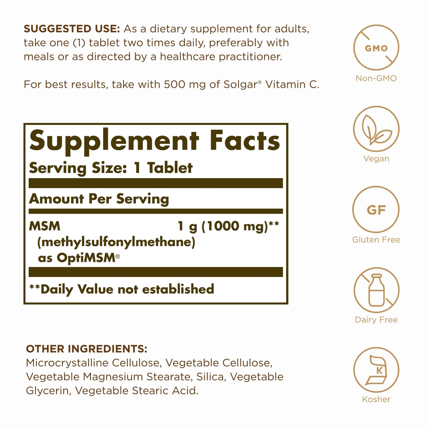 Solgar MSM 1000 mg - 120 Tablets | Joints & Connective Tissue Support | Non-GMO, Vegan, Gluten Free, Dairy Free, Kosher