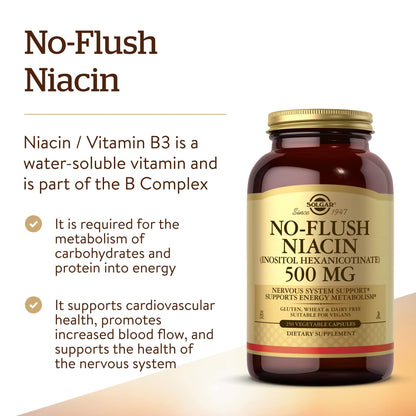 Solgar No-Flush Niacin 500 mg – 250 Veg Caps | Energy Metabolism