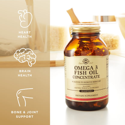 Solgar Omega-3 Fish Oil Concentrate • 120 Softgels • Joint & Metabolic Health • Gluten Free, Non-GMO, Dairy Free • 60 Servings