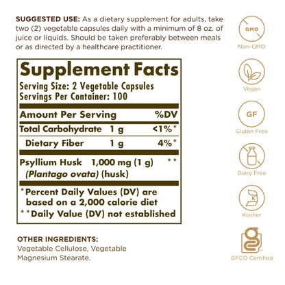 Solgar Psyllium Husks Fiber 500 mg - 200 Veg Capsules | Non-GMO, Vegan, Gluten Free, Kosher