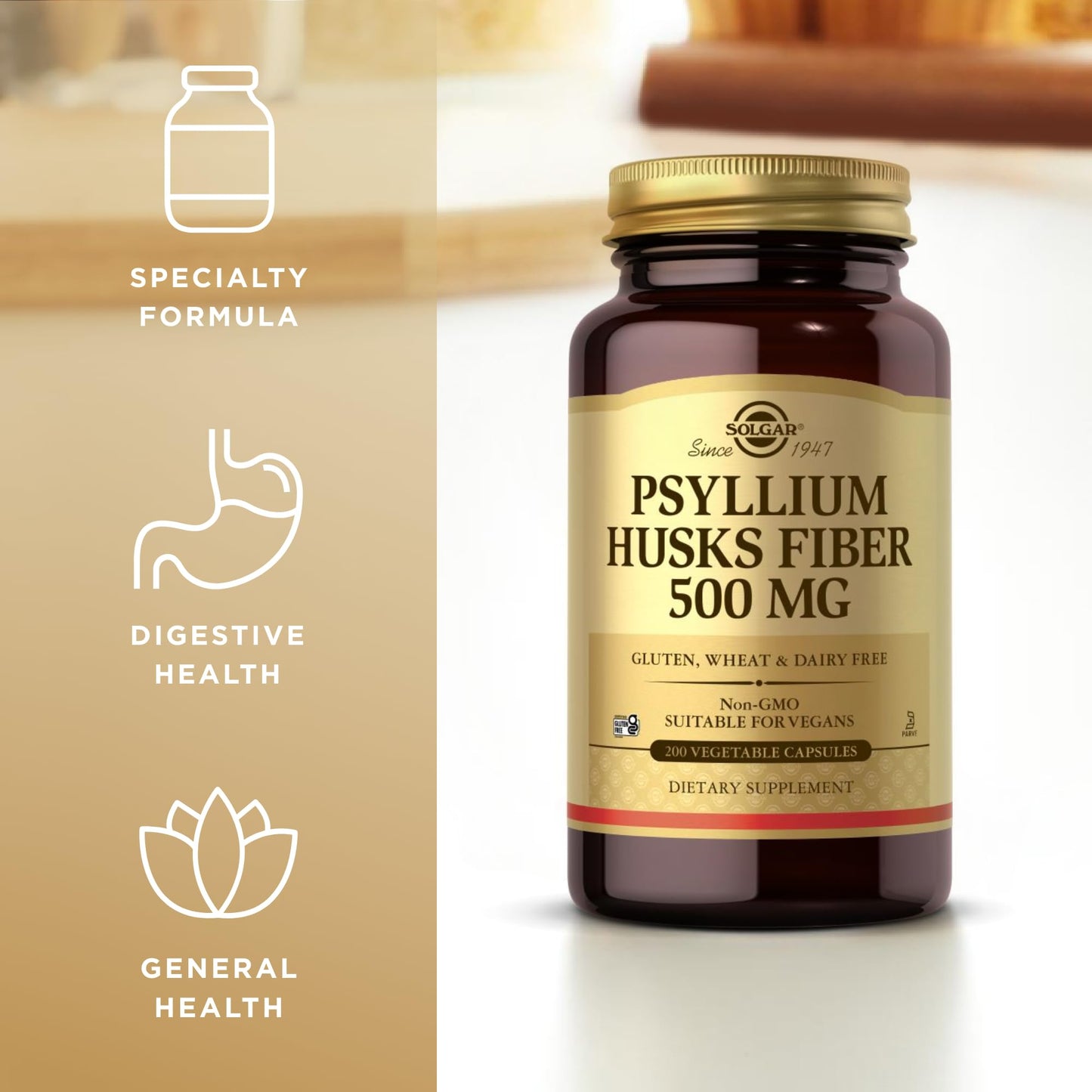 Solgar Psyllium Husks Fiber 500 mg - 200 Veg Capsules | Non-GMO, Vegan, Gluten Free, Kosher