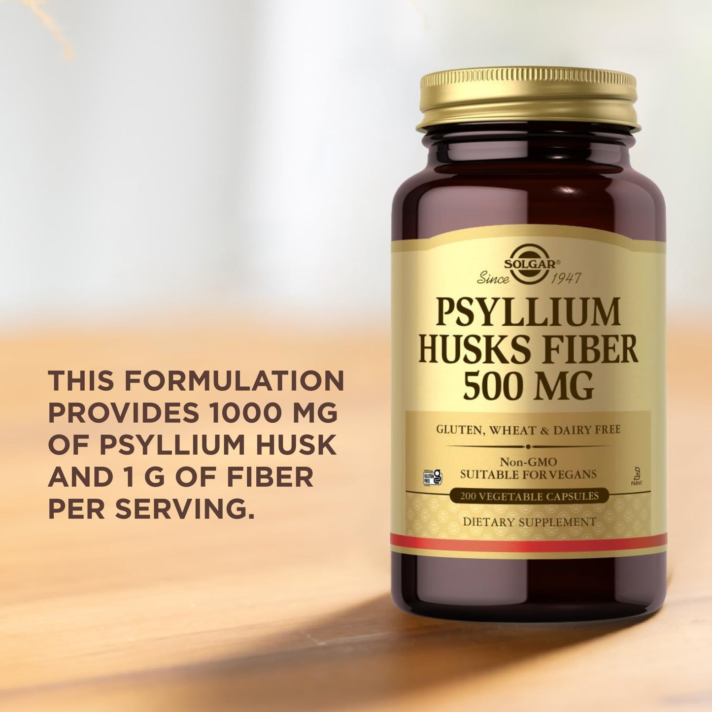 Solgar Psyllium Husks Fiber 500 mg - 200 Veg Capsules | Non-GMO, Vegan, Gluten Free, Kosher