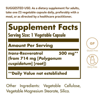 Solgar Resveratrol 500 mg – 30 Vegetable Capsules | Antioxidant Protection, Gluten Free