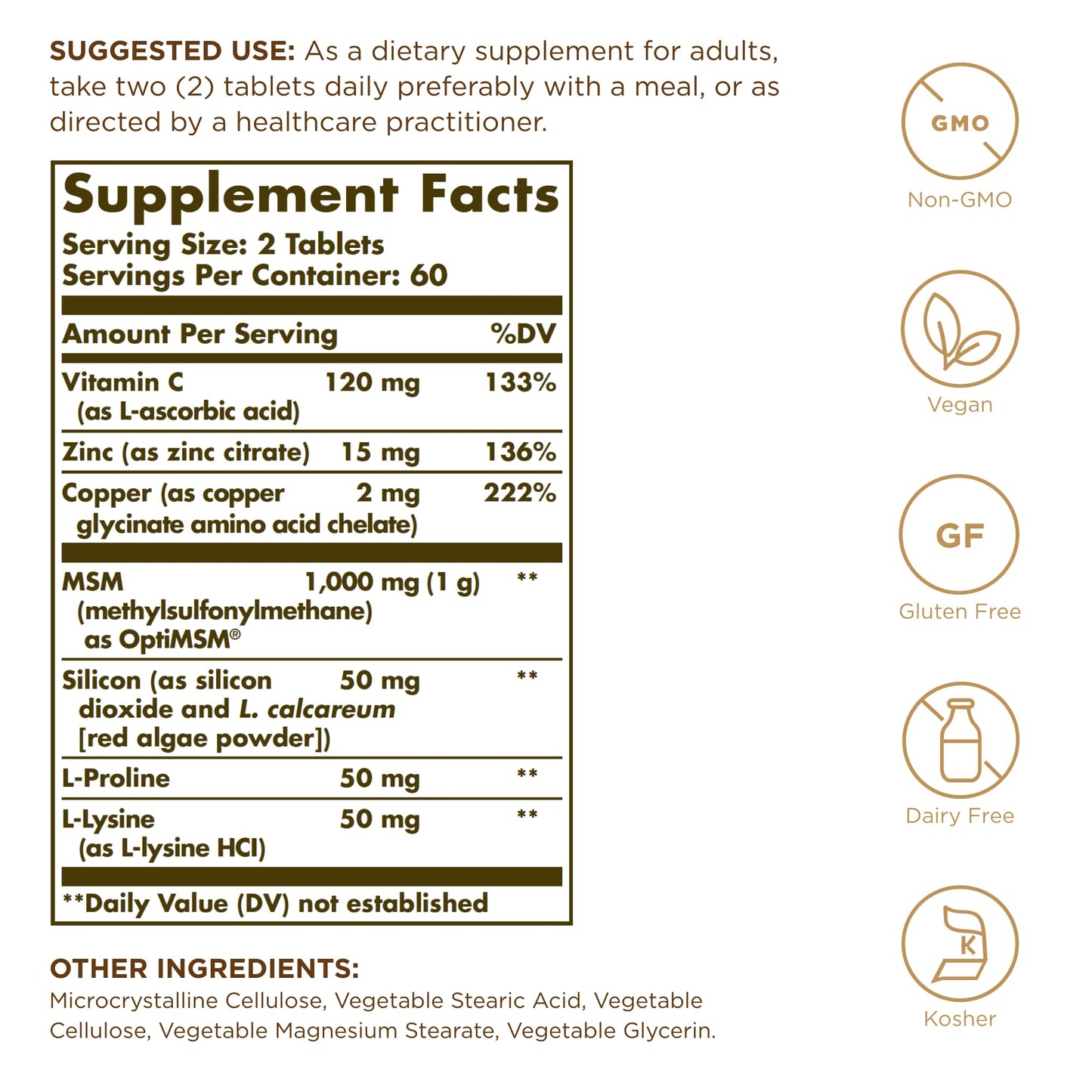 Solgar Skin, Nails & Hair - 120 Tablets - Advanced MSM Formula - Non GMO, Vegan, Gluten & Dairy Free - 60 Servings