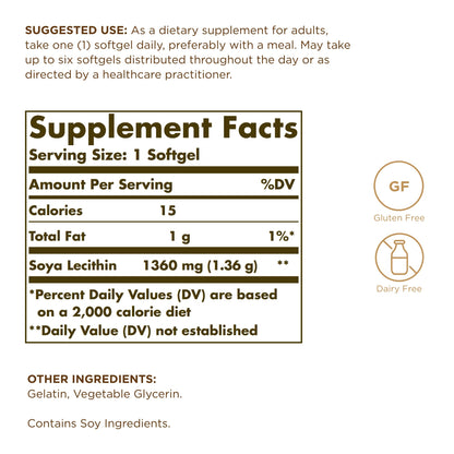 Solgar SOYA Lecithin 1360 mg - 100 Softgels | Gluten Free & Dairy Free