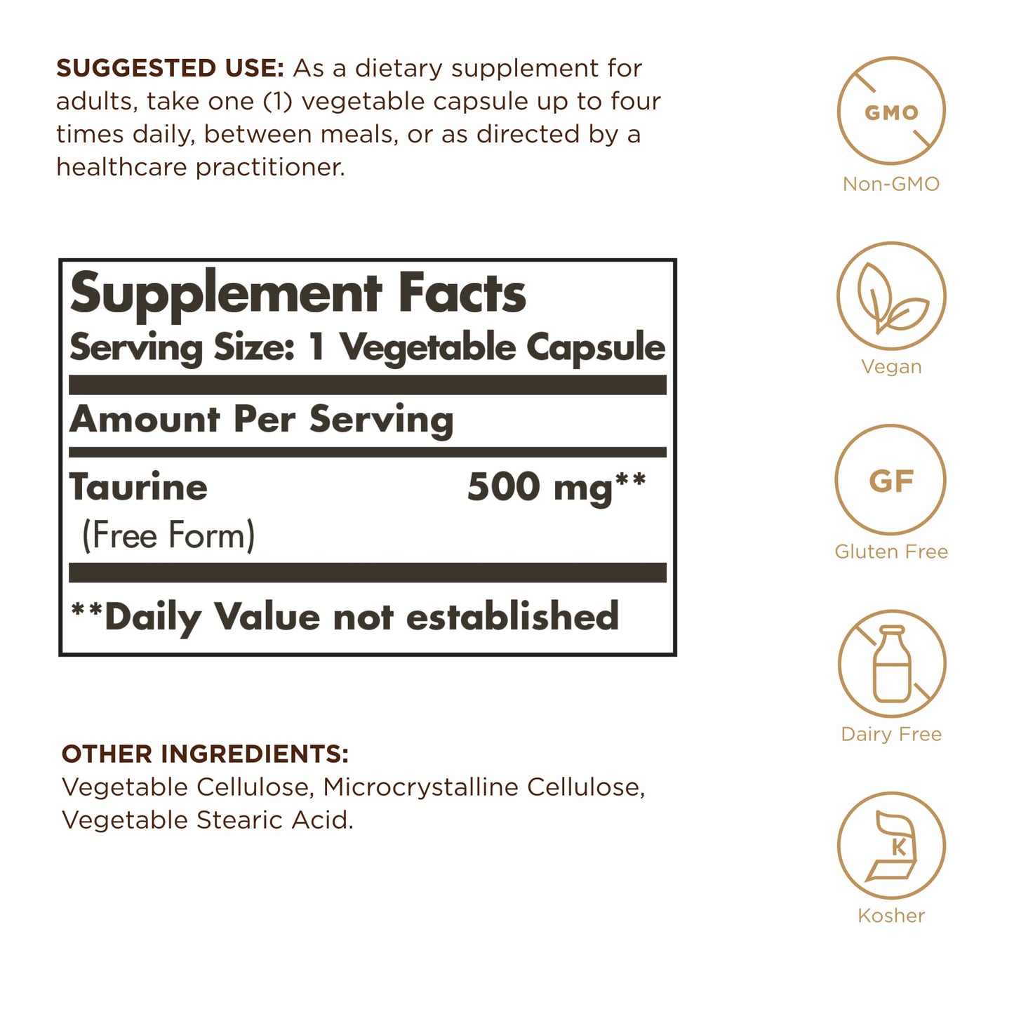 Solgar Taurine 500 mg – 100 Veg Capsules | Antioxidant, Brain Health, Amino Acid | Vegan, Gluten Free, Dairy Free, Kosher