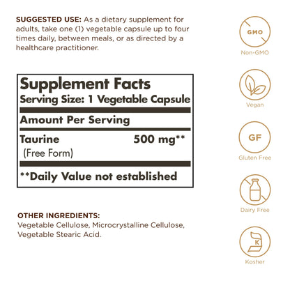 Solgar Taurine 500 mg – 100 Veg Capsules | Antioxidant, Brain Health, Amino Acid | Vegan, Gluten Free, Dairy Free, Kosher