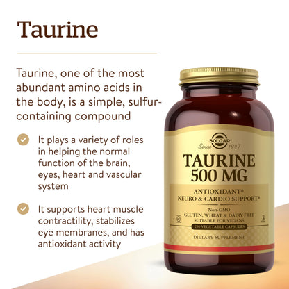 Solgar Taurine 500 mg – 250 Vegetarian Capsules | Antioxidant & Brain Health