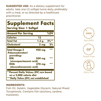 Solgar Triple Strength Omega-3 950 mg | 100 Softgels (Pack of 4) | Supports Joints & Skin Health | Non-GMO, Gluten Free, Dairy Free