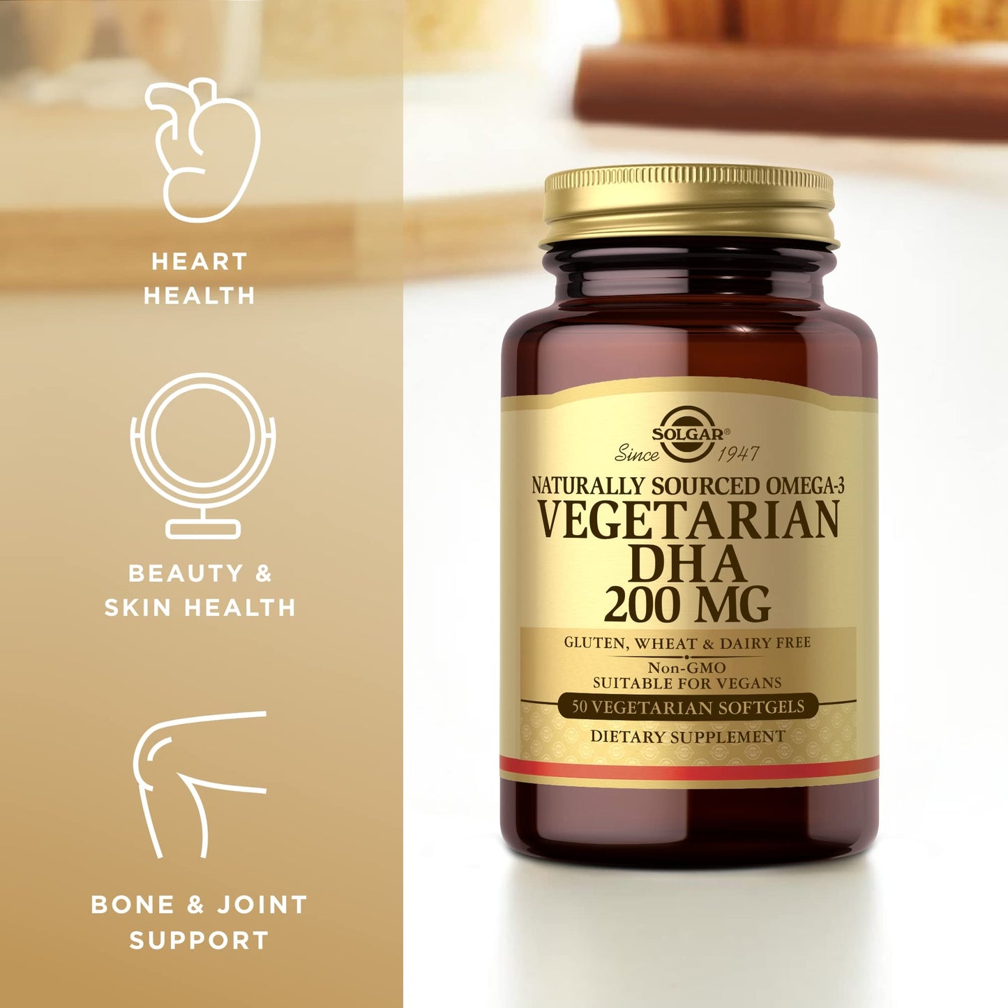 Solgar Vegetarian DHA 200 mg - 50 Vegetarian Softgels | Vegan Omega-3, Gluten Free, Dairy Free