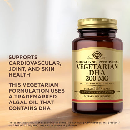 Solgar Vegetarian DHA 200 mg - 50 Vegetarian Softgels | Vegan Omega-3, Gluten Free, Dairy Free