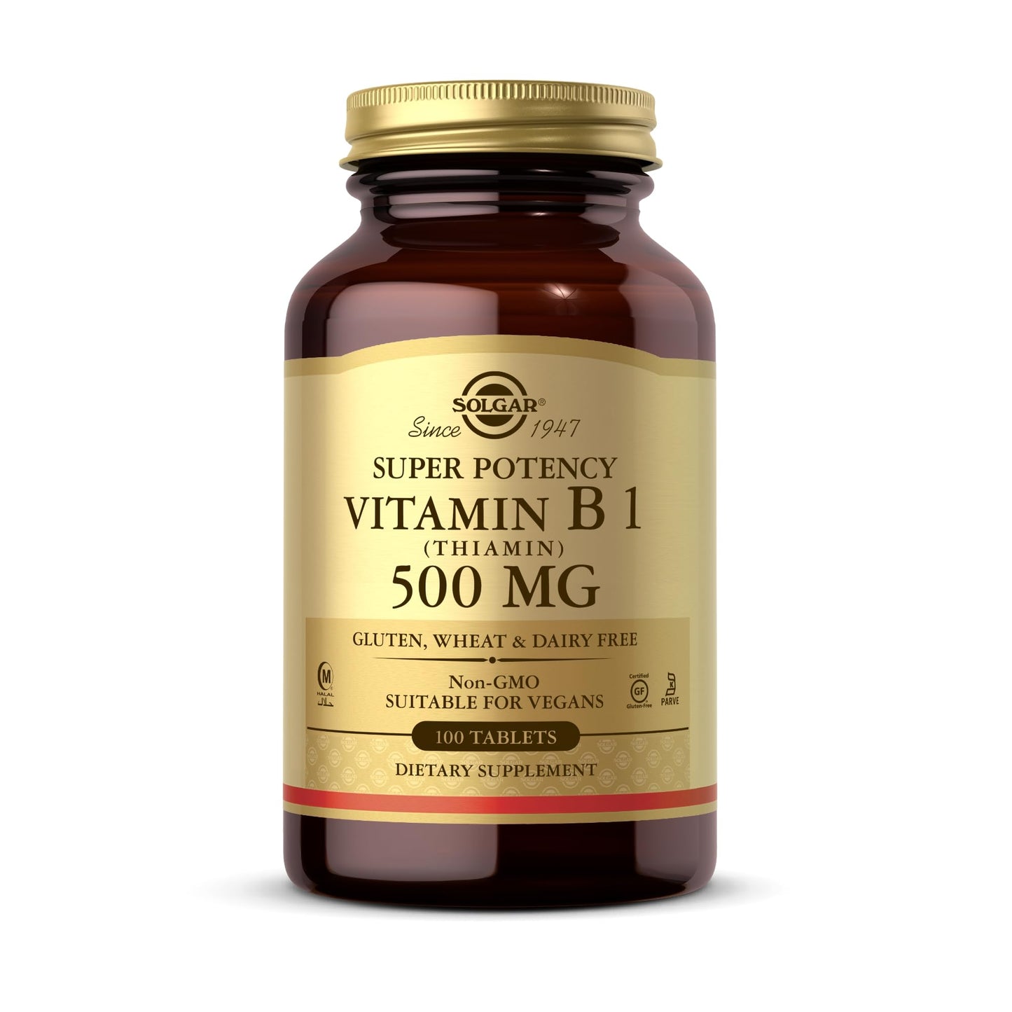 Solgar Vitamin B1 (Thiamin) 100 Tablets – 500mg, Non-GMO, Vegan, Gluten Free, Kosher, Halal