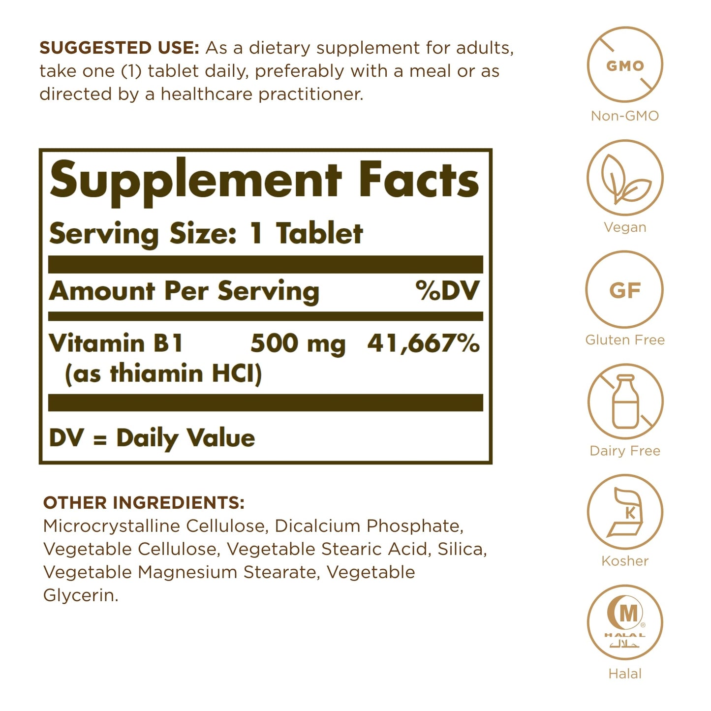 Solgar Vitamin B1 (Thiamin) 100 Tablets – 500mg, Non-GMO, Vegan, Gluten Free, Kosher, Halal