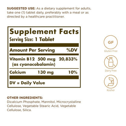 Solgar Vitamin B12 500 mcg - 100 Tablets | Vegan, Gluten Free, Dairy Free, Kosher
