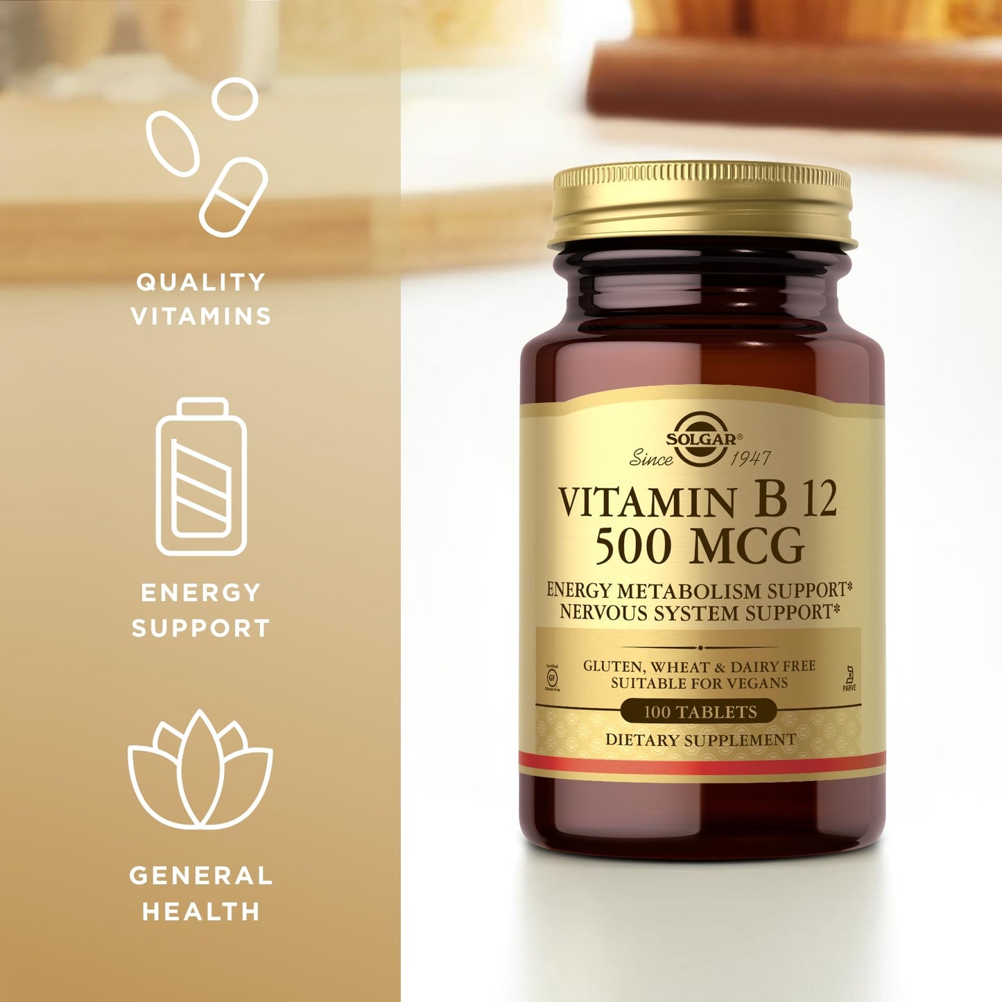 Solgar Vitamin B12 500 mcg - 100 Tablets | Vegan, Gluten Free, Dairy Free, Kosher