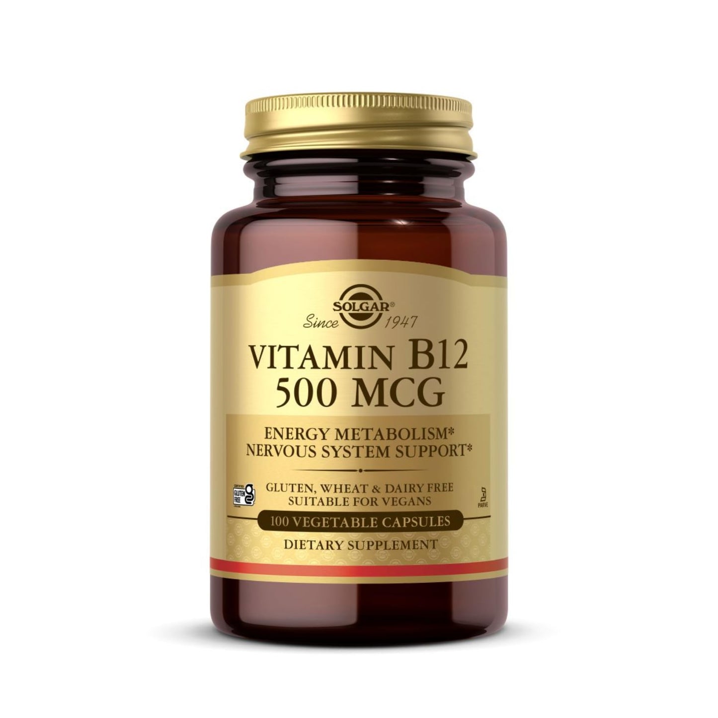 Solgar Vitamin B12 500 mcg – 100 Vegetarian Capsules | Energy Metabolism & Nervous System Support | Non-GMO, Vegan, Gluten & Dairy Free | 100 Servings