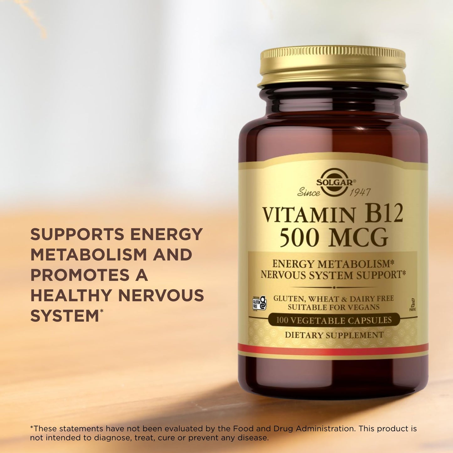 Solgar Vitamin B12 500 mcg – 100 Vegetarian Capsules | Energy Metabolism & Nervous System Support | Non-GMO, Vegan, Gluten & Dairy Free | 100 Servings