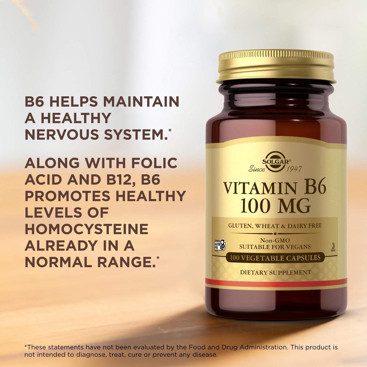 Solgar Vitamin B6 100 mg – 100 Veg Capsules | Non-GMO, Vegan, Gluten Free | 100 Servings