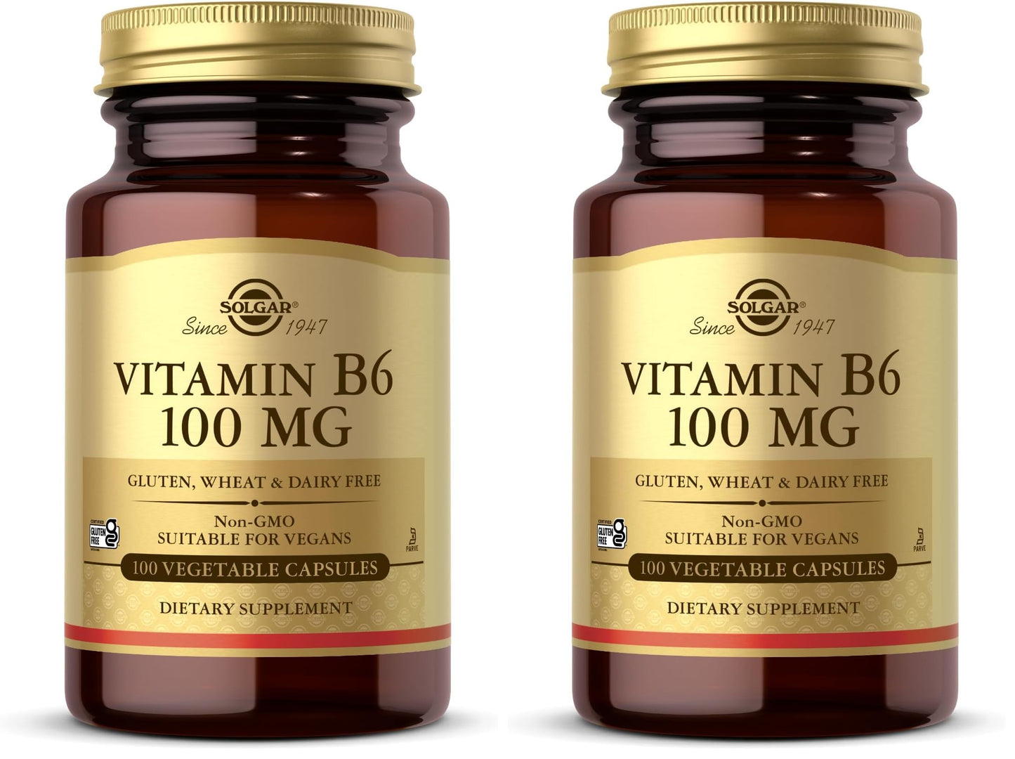 Solgar Vitamin B6 100 mg - 100 Vegetable Capsules - Non-GMO, Vegan, Gluten Free, Dairy Free, Kosher, Halal - 100 Servings (Pack of 2)