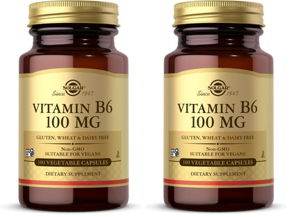 Solgar Vitamin B6 100 mg - 100 Vegetable Capsules - Non-GMO, Vegan, Gluten Free, Dairy Free, Kosher, Halal - 100 Servings (Pack of 2)