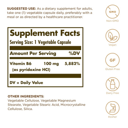 Solgar Vitamin B6 100 mg - 100 Vegetable Capsules - Non-GMO, Vegan, Gluten Free, Dairy Free, Kosher, Halal - 100 Servings (Pack of 2)