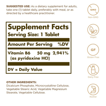 Solgar Vitamin B6 50 mg – 100 Tablets | Non-GMO, Vegan, Gluten Free
