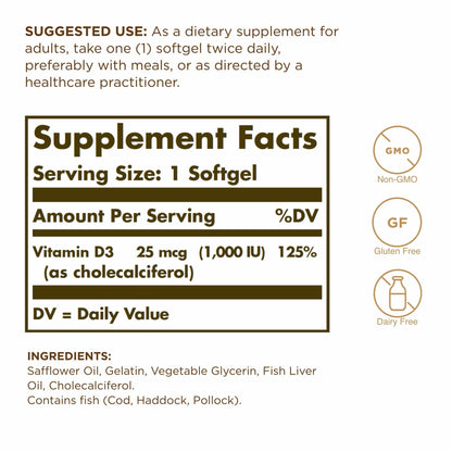Solgar Vitamin D3 1000 IU Softgels – 250 Servings | Non-GMO, Gluten Free