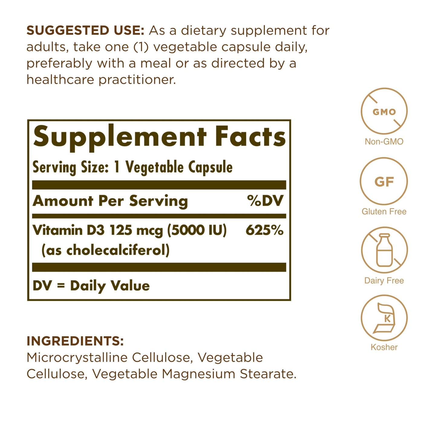 Solgar Vitamin D3 125 mcg (5000 IU) – 120 Veg Capsules | Bone & Immune Support