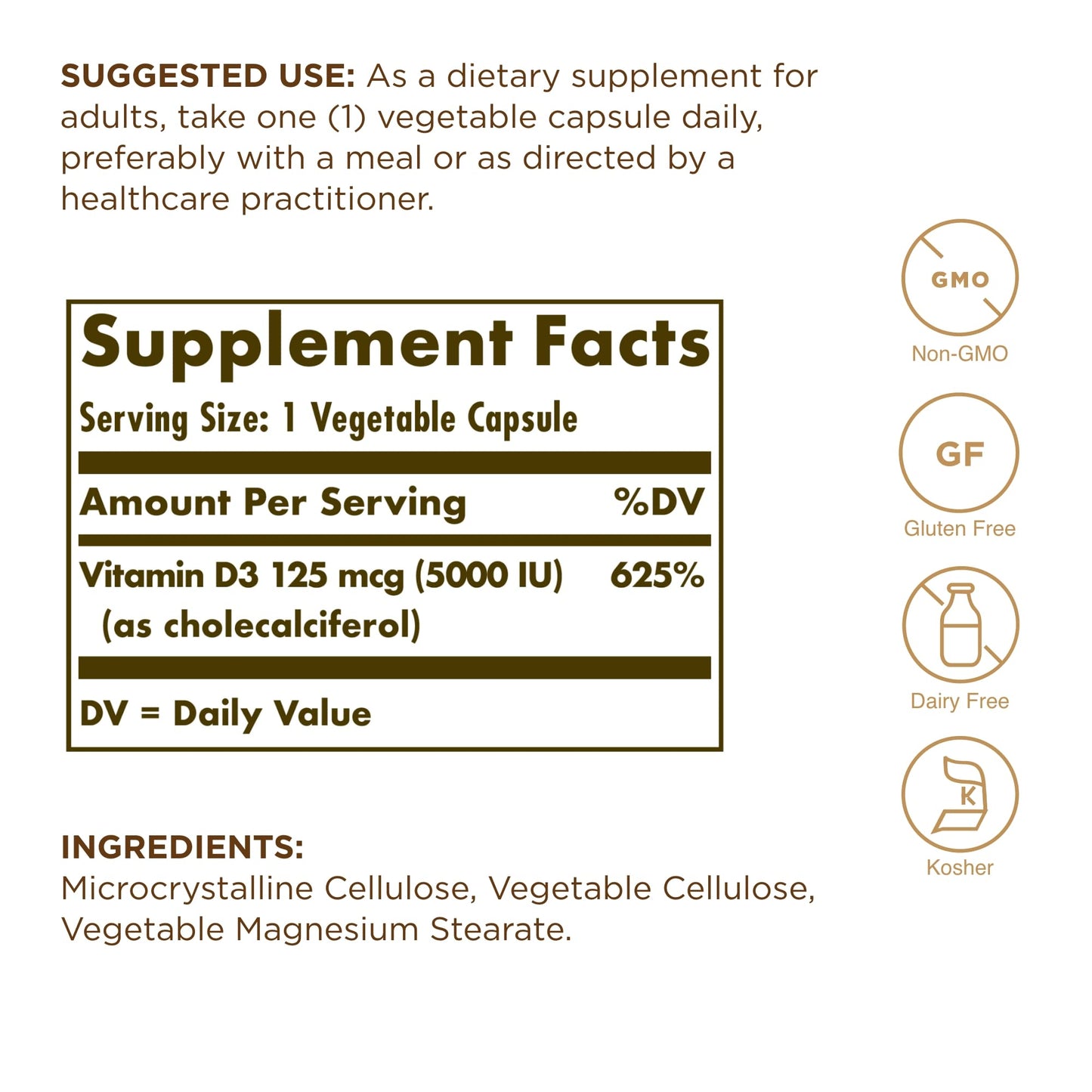 Solgar Vitamin D3 125 mcg (5000 IU) - 60 Veggie Capsules | Bone & Immune Support