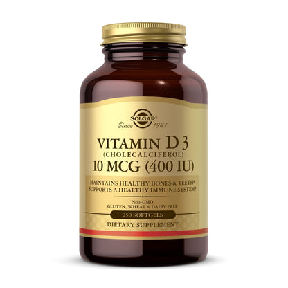 Solgar Vitamin D3 (Cholecalciferol) 10 mcg (400 IU) - 250 Softgels – Supports Healthy Bones, Teeth & Immune System