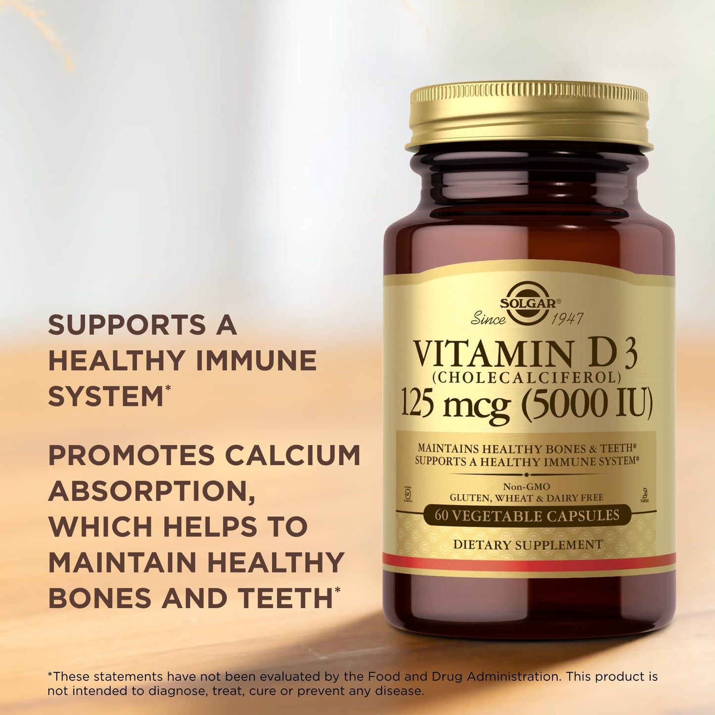 Solgar Vitamin D3 125 mcg (5000 IU) - 60 Veggie Capsules | Bone & Immune Support