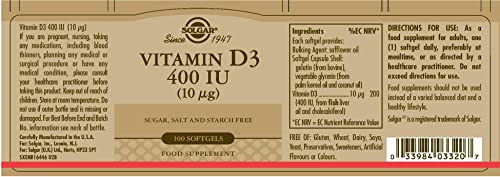 Solgar Vitamin D3 (Cholecalciferol) 10 mcg (400 IU) Softgels – 100 Servings | Supports Bones, Teeth & Immune Health