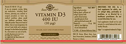 Solgar Vitamin D3 (Cholecalciferol) 10 mcg (400 IU) Softgels – 100 Servings | Supports Bones, Teeth & Immune Health
