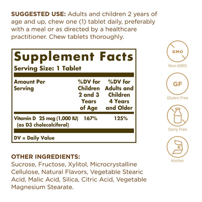 Solgar Vitamin D3 (Cholecalciferol) 25 mcg (1000 IU) - Strawberry Banana Swirl, 100 Chewable Tablets - Non-GMO, Kosher