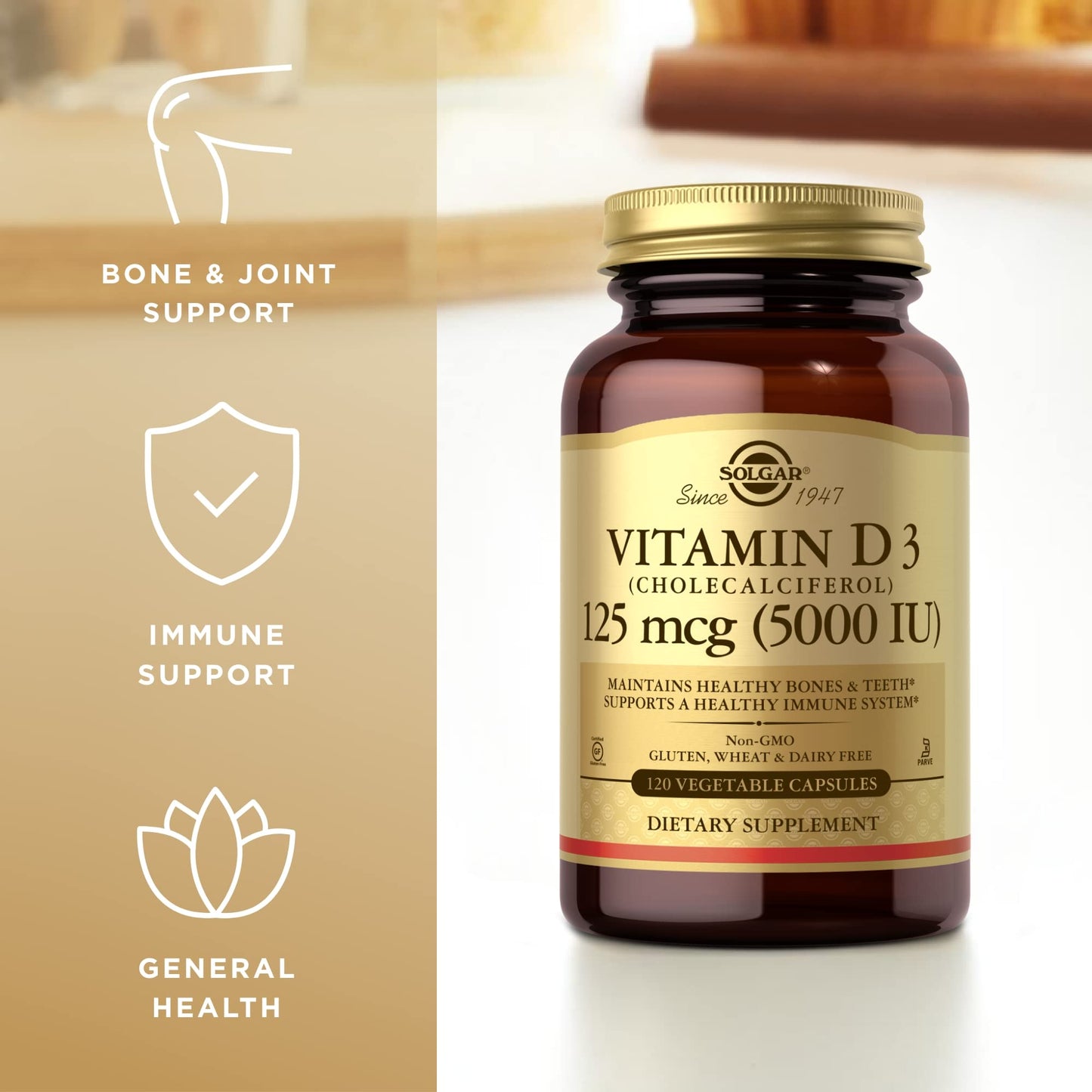 Solgar Vitamin D3 125 mcg (5000 IU) – 120 Veg Capsules | Bone & Immune Support
