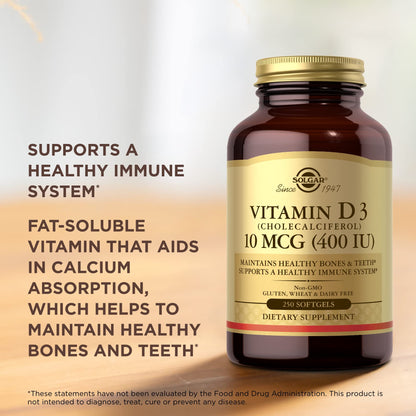 Solgar Vitamin D3 (Cholecalciferol) 10 mcg (400 IU) - 250 Softgels – Supports Healthy Bones, Teeth & Immune System