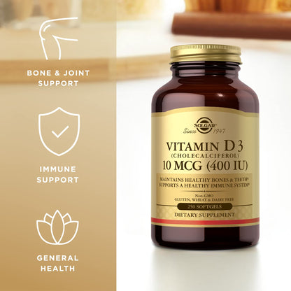 Solgar Vitamin D3 (Cholecalciferol) 10 mcg (400 IU) - 250 Softgels – Supports Healthy Bones, Teeth & Immune System