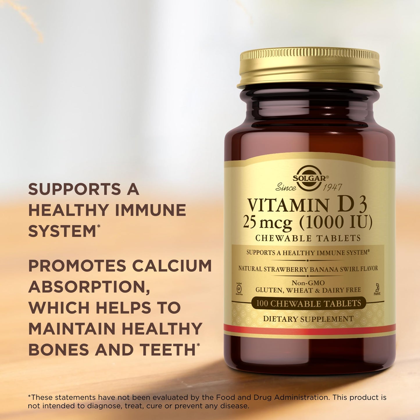 Solgar Vitamin D3 (Cholecalciferol) 25 mcg (1000 IU) - Strawberry Banana Swirl, 100 Chewable Tablets - Non-GMO, Kosher