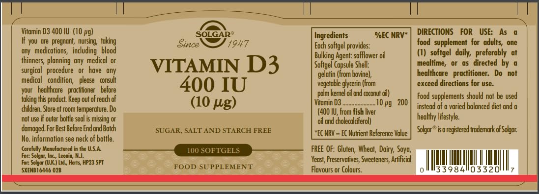 Solgar Vitamin D3 (Cholecalciferol) 10 mcg (400 IU) Softgels – 100 Servings | Supports Bones, Teeth & Immune Health
