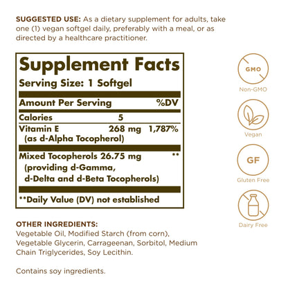 Solgar Vitamin E 268 mg (400 IU) – 100 Vegan Softgels – Naturally Sourced, Non-GMO & Gluten Free