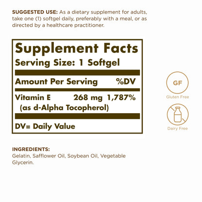 Solgar Vitamin E 268 mg (400 IU) - 100 Softgels - Naturally-Sourced Vitamin E (d-Alpha Tocopherol) - Gluten Free & Dairy Free