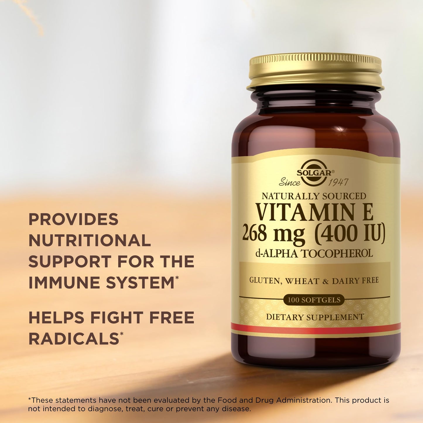 Solgar Vitamin E 268 mg (400 IU) - 100 Softgels - Naturally-Sourced Vitamin E (d-Alpha Tocopherol) - Gluten Free & Dairy Free
