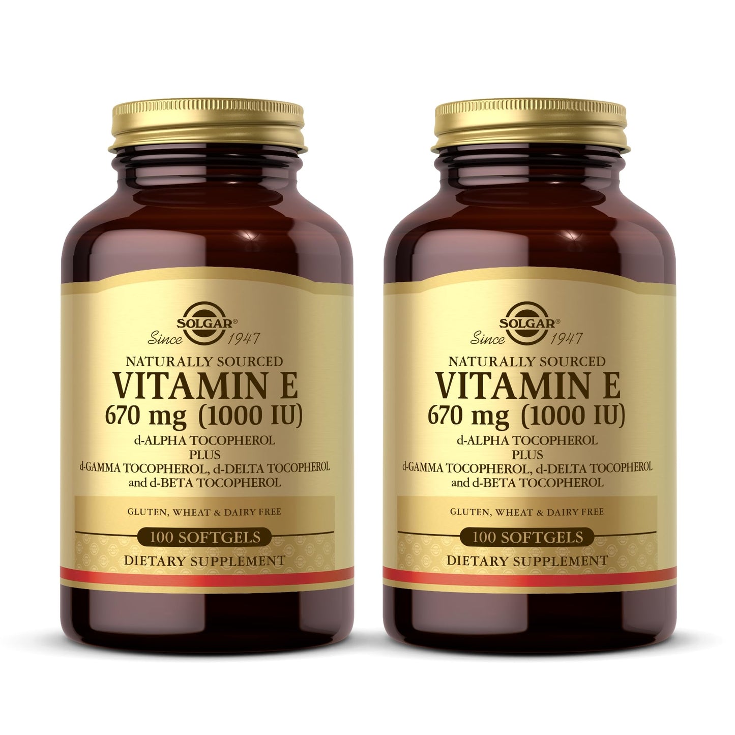 Solgar Vitamin E 670 mg (1000 IU) - 100 Softgels, Pack of 2 - Naturally Sourced - Gluten Free, Dairy Free - 200 Total Servings
